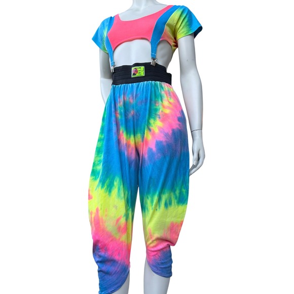 Inca Pants - Vintage Neon Tie Dye 2Pc Set Suspender Crop Top Harem Pants Dopamine Dressing M